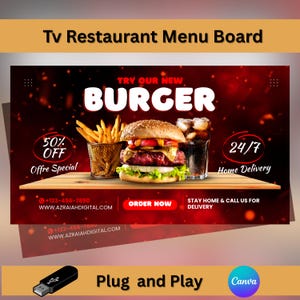 Restaurant TV Menu Board: Digitales Burger-Werbeschild (Canva Editable, Plug & Play)