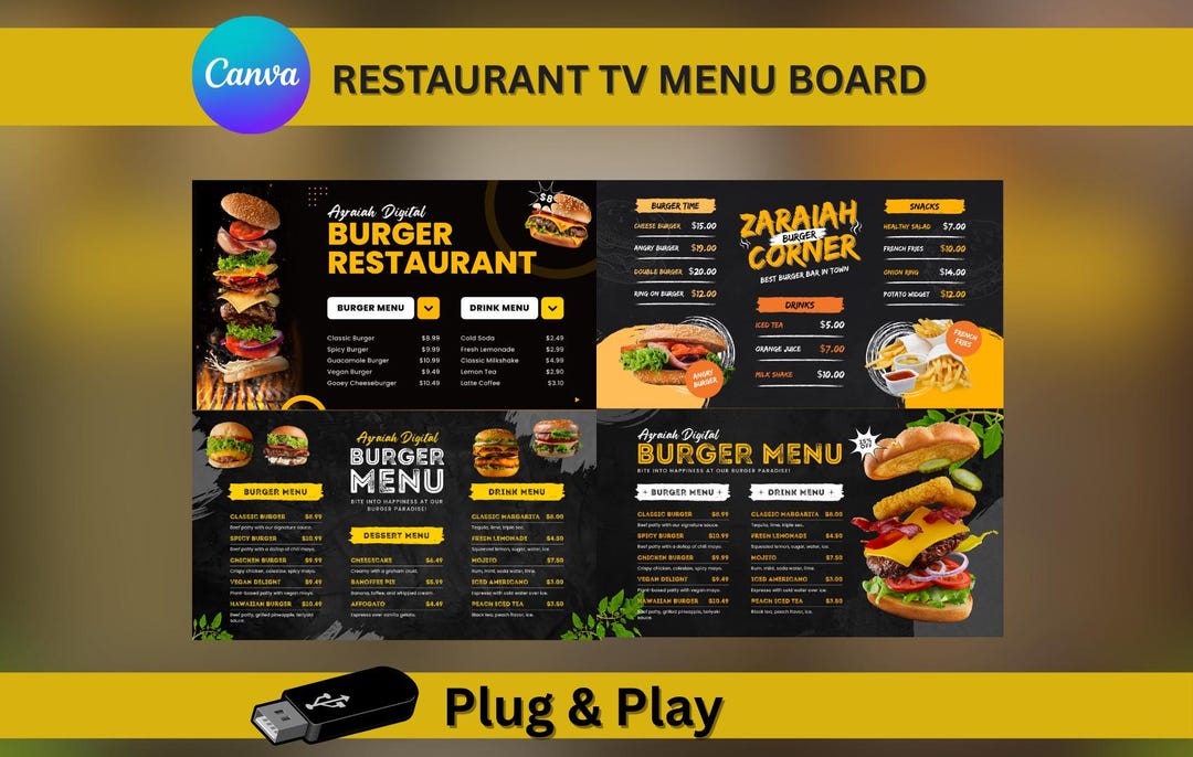 Burger Shop TV Menu Board Template: Editable Restaurant Digital Sign ...