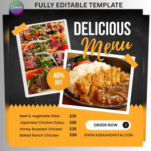 Plantilla de menú de restaurante imprimible / Diseño de menú de comida editable / Volante moderno de comida para llevar y catering / Descarga instantánea para Canva