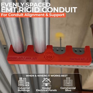 May include: Red conduit support bracket with the text "CHOICE ELECTRICIAN'S" and "3/4" EMT/1/2" RIDGID". The bracket is designed for evenly spaced EMT and rigid conduit alignment and support. The bracket is suitable for industrial buildings, house/electrical panels, and commercial sites.