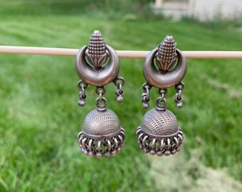 Jaipur Jhumkas-J1009-Antique finish tribal jhumkas with lotus bud posts