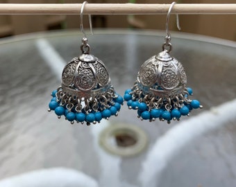 Jaipur jhumkas-J1018-OXIDIZED Filigree Jhumkas with Blue Beads