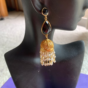Jaipur Jhumkas -J1030-Gold Vermeil Filigree Jhumkas WIth Freshwater Pearls and Black Crystal Posts