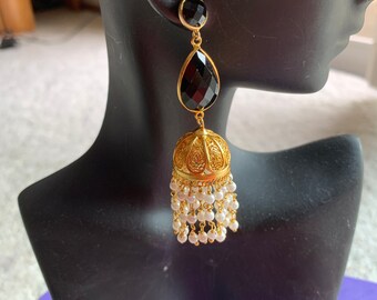 Jaipur Jhumkas -J1030-Gold Vermeil Filigree Jhumkas WIth Freshwater Pearls and Black Crystal Posts