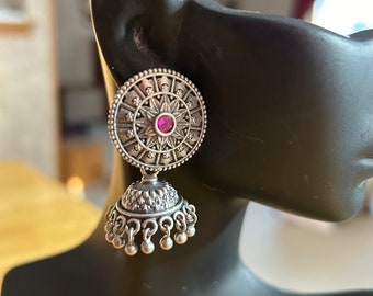 Jaipur Jhumkas-J1069-Petite Silver Jhumkas with Ornate Large Posts