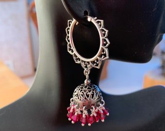 Jaipur Jhumkas -J1033- Silver Lotus Hoop Jhumkas Ruby Red Swarovski Crystals