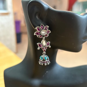 Jaipur Jhumkas-J1054-South Indian Jhumkas with Red Crystals and floral posts