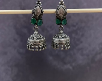Jaipur Jhumkas-J1005-PETITE South Indian Jhumkas with Red Crystals and floral posts