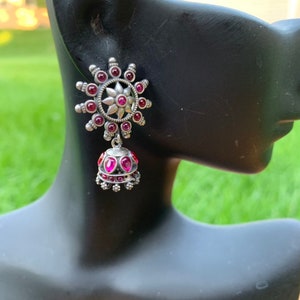 Jaipur Jhumkas-J1005-PETITE South Indian Jhumkas with Red Crystals and floral posts