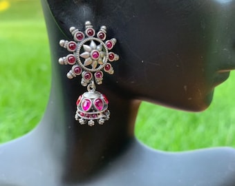 Jaipur Jhumkas-J1005-PETITE South Indian Jhumkas with Red Crystals and floral posts