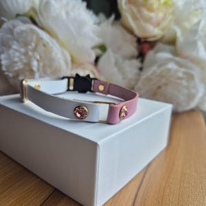 Puede incluir: Un collar para gatos blanco y rosa con herrajes dorados y detalles de cristal rosa. El collar tiene una hebilla de liberación negra y descansa sobre una caja blanca. Flores blancas en el fondo.