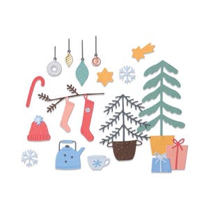 May include: A selection of Christmas-themed paper cutouts in various shapes and colours. Includes ornaments, a candy cane, a hat, stockings, a teapot, a cup, snowflakes, stars, a tree, and wrapped gifts.
