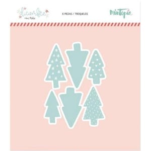 May include: A set of six die-cut Christmas tree shapes in light blue with white outlines and star details. The trees are arranged on a pink background with text that reads "diciembre" and "6 PIEZAS / TROQUELES".