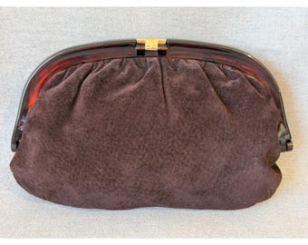 Vintage Ruth E Saltz bruine suède clutch portemonnee Reghi Italië frame en gouden sluiting