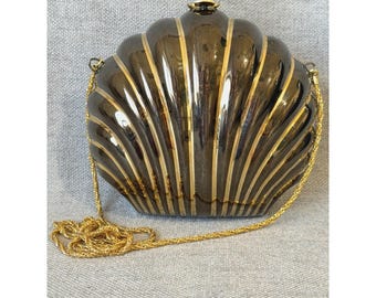 Vintage Silber Gold Muschel Minaudière Metall Abend Clutch Geldbörse Art Deco
