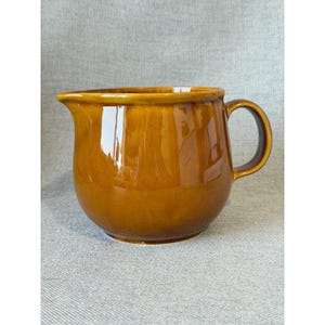 May include: A glossy, brown ceramic pitcher with a rounded body, a curved handle, and a pouring spout. The pitcher has a smooth, reflective surface and appears to be empty. The background is a neutral gray fabric.