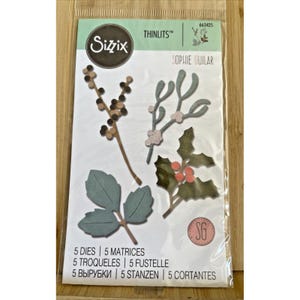 May include: A packet of Sizzix Thinlits dies with botanical designs, including leaves and berries. The package features the name "Sophie Guilar" and the number "663425". These dies are intended for crafting and paper projects.