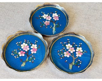 Posavasos vintage S Inaba Kyoto con diseño de flor de cerezo en cloisonné azul y rosa - Japón - Juego de 3