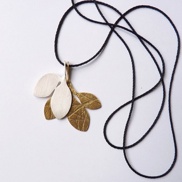 PENDANT necklace sterling silver gold plated contemporary jewelry nature leaf texture contrast romantic organic - Flora Collection