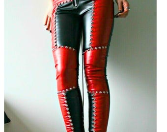 Women's Gothic Black and Red Studded Leather Pants – High-Waisted Slim Fit Punk Rock Trousers with Studs & Patches | Women Handmade Jeans