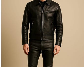 Conjunto de chaqueta y pantalón negro para hombre: traje de cuero de motociclista, traje ajustado, chaqueta de moto con pantalón.