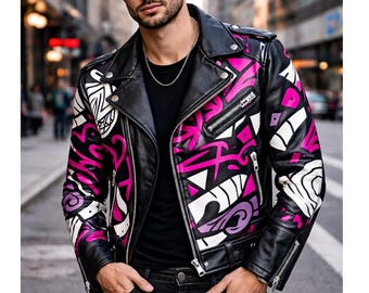 Chaqueta de cuero con estampado digital de grafiti para hombre: ropa de calle estilo motero, moda urbana, abrigo de cuero estilo punk rock.