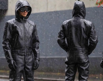 Conjunto de chaqueta y pantalón de cuero negro con capucha para hombre – Atuendo táctico cyberpunk – Chándal de cuero gótico futurista