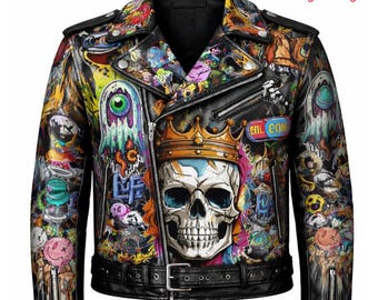 Chaqueta de motociclista de cuero con grafiti hecho a mano / Abrigo punk con tachuelas