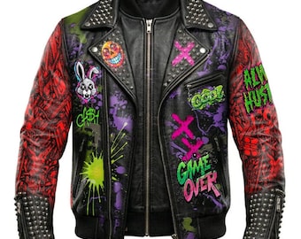Chaqueta de cuero punk graffiti hecha a mano para hombre / Abrigo motero con gráfico de calavera y guitarra / Moda gótica rock con tachuelas / Chaqueta de arte personalizada