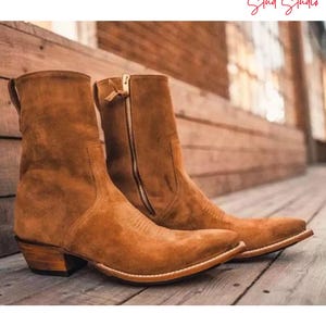 Herr Western Mocka Cowboy Stövlar – Bruna Läderkängor Till Halvväggen Med Dragkedja | Vintage Rodeo Style | Handgjorda Spetsig Tå Lantlig Stövlar