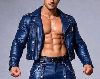 Conjunto de cuero azul para hombre estilo motero: chaqueta de moto y pantalones cargo hechos a mano, traje de cuero gótico punk, conjunto de cuero personalizado para hombre.