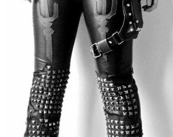 Women's Gothic Black Leather Pants – High-Waisted Slim Fit Punk Rock Trousers with Studs & Patches
