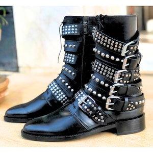 Punk Rock Gothic Leather High Boots for Men, Studded and spiked men long boots Custom Black leather boots Men Steam Punk Leather Boots