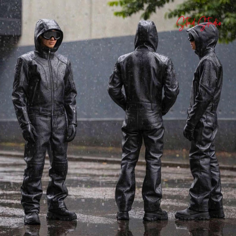 Men’s black leather hooded jacket and matching leather pants set in futuristic cyberpunk style, handmade goth streetwear outfit with tactical fashion design, black leather rave wear and biker fashion for men.