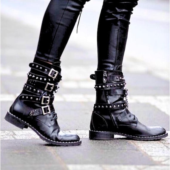 Bespoke Punk Rock Boots for Men and Women, Studded women Biker Boots Custom Black leather boots Mens Handmade Vintage Boots Womens Gift for