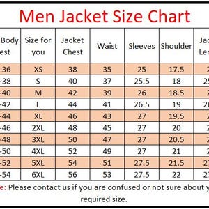 Puede incluir: Una tabla de tallas de chaquetas con medidas en cent&iacute;metros. La tabla incluye medidas de pecho, cintura, mangas, hombros y largo de chaqueta, que van desde la XS hasta la 6XL. El texto "Men Jacket Size Chart" est&aacute; en la parte superior.