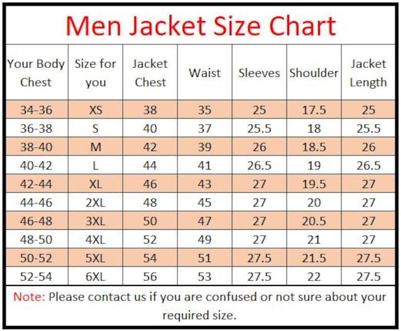 Puede incluir: Una tabla de tallas de chaquetas con medidas en cent&iacute;metros. La tabla incluye medidas de pecho, cintura, mangas, hombros y largo de chaqueta, que van desde la XS hasta la 6XL. El texto "Men Jacket Size Chart" est&aacute; en la parte superior.