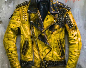 Chaqueta de cuero encerado con tachuelas amarillas para hombre - Chaqueta de motociclista gótica