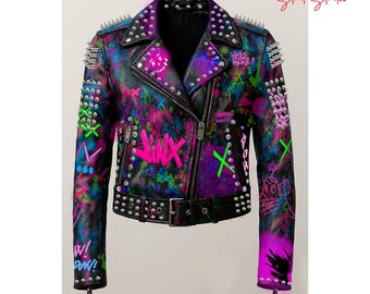 Chaqueta de cuero punk con estampado digital para hombre / Chaqueta de motociclista con grafiti tachonado / Chaqueta de cuero con arte callejero personalizada / Abrigo llamativo hecho a mano