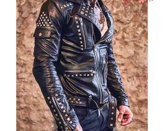 Chaqueta punk de cuero con tachuelas hecha a mano – Abrigo gótico de motociclista (Imágenes de referencia)