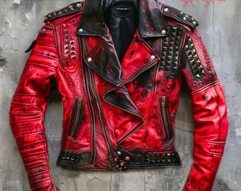 Chaqueta de cuero roja con tachuelas para mujer estilo motero – Estilo motociclista artesanal con acabado encerado negro – Moda alternativa hecha a mano y totalmente personalizable