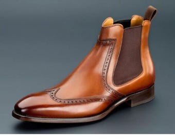 Botas Chelsea de punta de ala de cuero marrón hechas a mano / Goodyear Welt