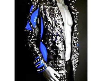 Chaqueta de cuero punk con tachuelas para hombre - Chaqueta de cuero punk rock personalizada con pinchos - Abrigo de motociclista con tachuelas negras y azules, moda gótica hecha a mano