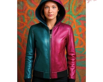 Chaqueta de cuero bicolor hecha a mano para mujer / Abrigo de cuero rosa y verde azulado con capucha / Sudadera con capucha artesanal