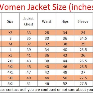 May include: A size chart for women's jackets, displaying measurements in inches. The chart includes body chest, size, jacket chest, waist, hips, sleeve, and shoulder measurements, ranging from XS to 6XL.