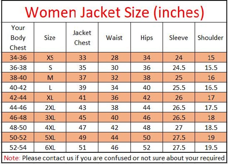 May include: A size chart for women's jackets, displaying measurements in inches. The chart includes body chest, size, jacket chest, waist, hips, sleeve, and shoulder measurements, ranging from XS to 6XL.