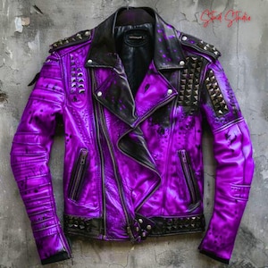 Men&#39;s Purple Studded Waxed Leather Jacket - Punk Rock Motorcoat with Metal Spikes - Gothic Biker Jacket - Bold Statement Piece - Grungy Rock