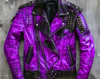 Chaqueta de cuero encerado con tachuelas moradas para hombre - Chaqueta punk rock con púas metálicas - Chaqueta de motociclista gótica - Pieza llamativa y atrevida - Alternativa