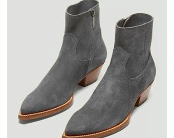 Botines de gamuza hechos a mano para hombre / Botas vaqueras occidentales con tacón de bloque y punta puntiaguda