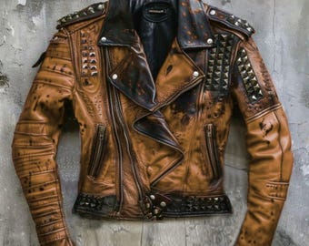 Chaqueta de cuero marrón desgastado hecha a mano para mujer con tachuelas estilo motociclista / Chaqueta de cuero estilo punk rock / Chaqueta de cuero personalizada de estilo vintage para hombres y mujeres